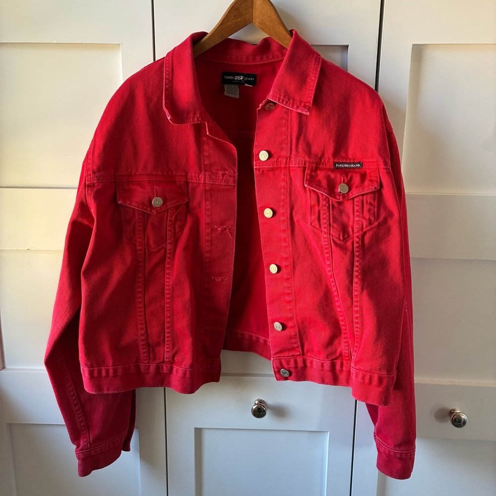 Vintage Plus Size Red Cotton Denim Parkers Jeans Jacket